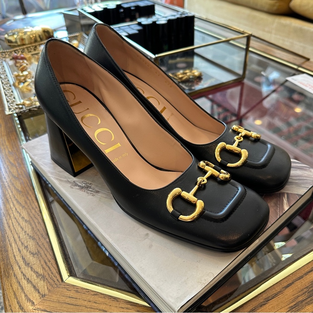 Gucci Baby Leather Horsebit Block-Heel Pumps Size 41